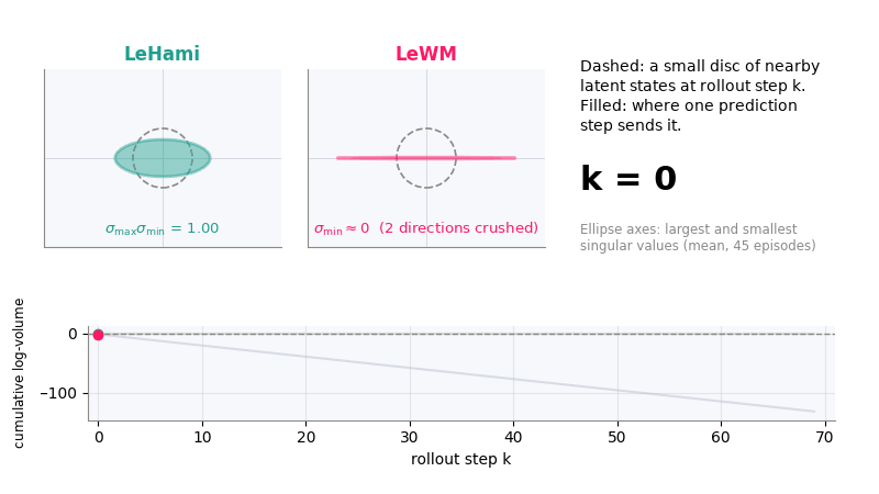 A unit disc mapped to an ellipse of equal area by LeHami and to a flat line by LeWM, with cumulative log-volume below
